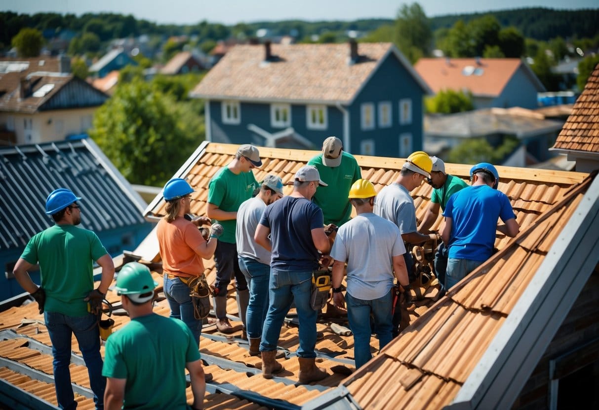 En gruppe mennesker samles på en solskinsdag arbejder sammen om at reparere og forbedre tagene på bygninger i Vojens